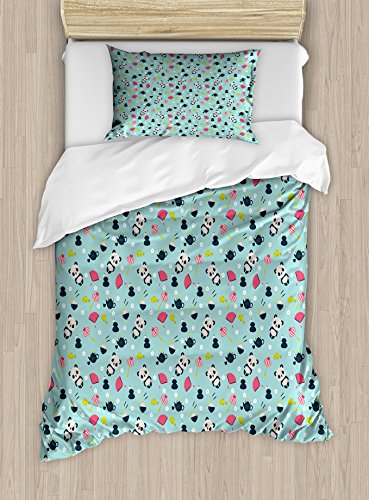 80% Off Discount Ambesonne Asian Duvet Cover Set, Panda Bears Koi Fishes Chopsticks Tea and Ricebowl Japanese Far Eastern Illustration, Decorative 2 Piece Bedding Set with 1 Pillow Sham, Twin Size, Pale Blue