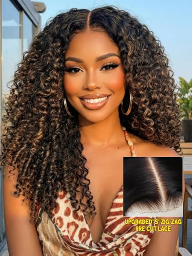 Image of Sunber Black to Chestnut Brown Ombre Curly Human Hair Glueless Wig With With Finger Coily Ends Bye Bye Knots Pre Cut 7X5 Lace Front Drawstring Wig Burmese Curly Wigs Pre Plunked Invisible Knots 22Inch