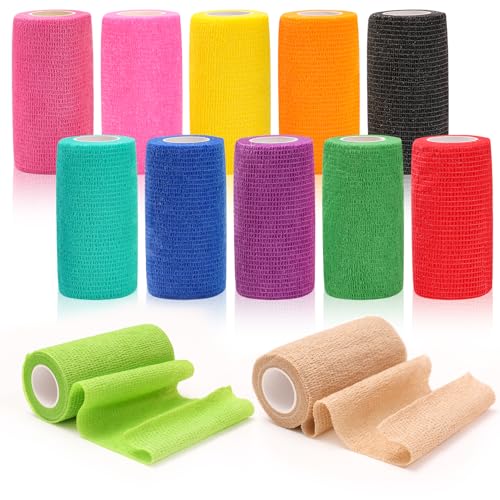 Zhufas 12 Rollos Venda Cohesiva 10 cmx 4,5 m Venda Cinta Bendaje Adhesiva Vendaje Autoadhesivo Deportiva Tape para Hombros, Rodilla, Codo, Alivio del Dolor, Resistente al Agua, Transpirable