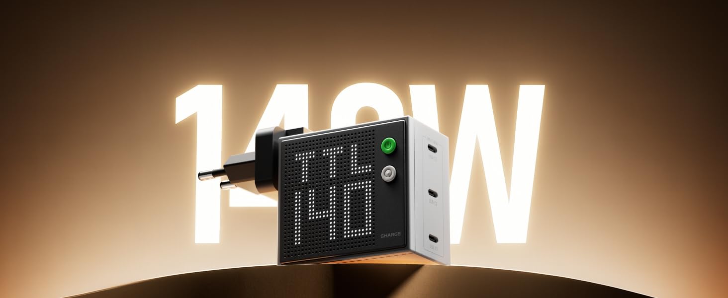 SHARGE Pixel 140W Gray Ładowarka Sieciowa USB-C PD 3.1 3x Port GaN LED