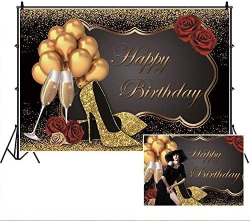 Black Gold Glitter Happy Birthday Backdrop,Yeele 10x8ft Golden Balloons Sequin High Heels Champagne Red Rose Birthday Photography Background for Women Girl Party Supplies Decoration Banner Photo Booth