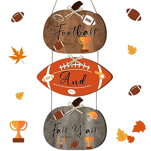 Barydat 3 Pcs Football and Fall Y'all Wood Sign Thanksgiving Fall Farmhouse Decorations for Home Rustic Wood Pumpkin Door Hanging Autumn Porch Sign with Bow for Garden Porch Front Harvest