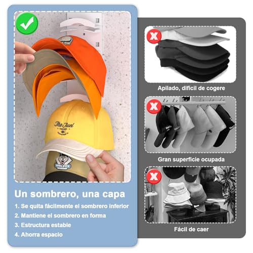 Miniatura 5 de Sinzoneu Organizador De Gorras 2pack, Colgador De Gorras Para Pared Con Adhesivo Fuerte Tornillos Para 20 Gorras, Porta Gorras Para Puerta Armario, Almacenamiento Multicapa