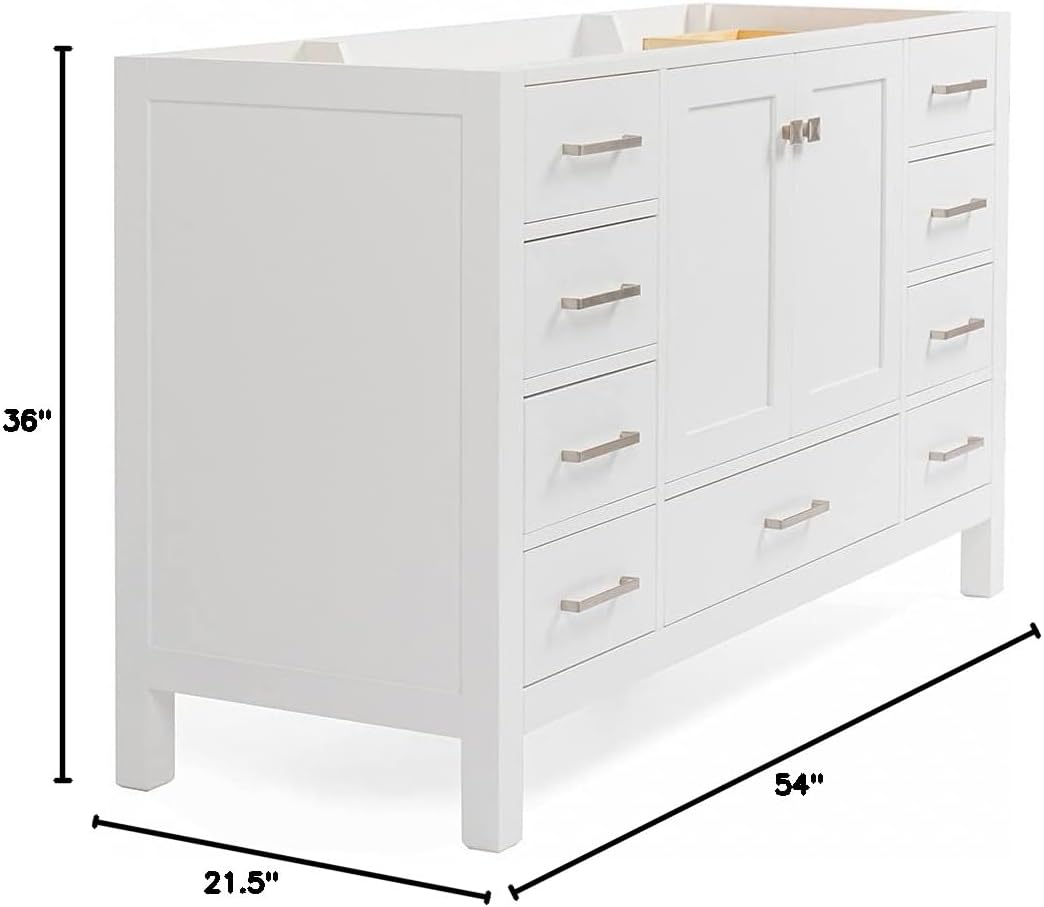 ARIEL Cambridge A055S-BC-WHT 54" Inch Single Solid Wood White Bathroom Vanity Base Cabinet with 2 Soft-Closing Doors and 9 Self-Closing Drawers