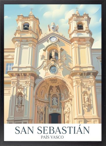 Fine Artic Cuadro San Sebastián Basílica de Santa María  Poster de Donostia con Marco de madera Negro   Arte mural de Ciudad decoración de Salón   Lámina enmarcada de Donostia País Vasco