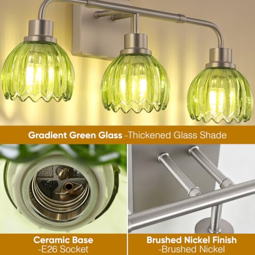 Image of Ralbay Vintage Vanity Lights Bathroom Light Fixture Over Mirror for Bath Brushed Nickel Modern Wall Sconces with Green Crystal Glass Shade for Bedroom,Living Room,Hallway(3-Light)
