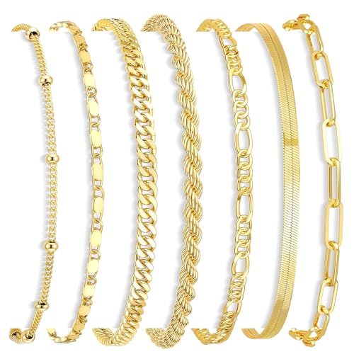 Gokeey 7PCS 14K Gold Plated Bracelets Sets for Women,Stackable Dainty Trendy Cuban Link Chain Herringbone Snake Paperclip Chain Bracelets Pack,Simple Fashion Layered Gold Jewelry Gifts for Women