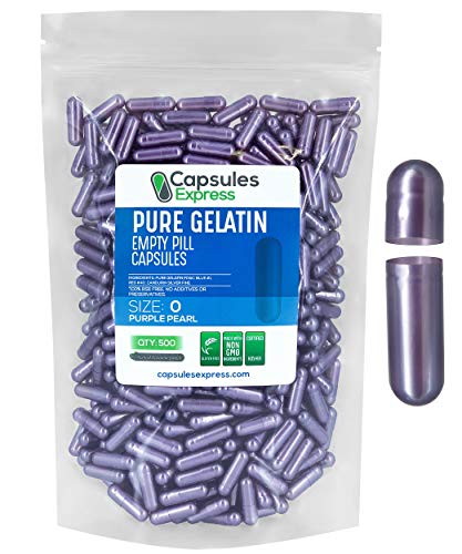 Capsules Express- Size 0 Purple Pearl Empty Gelatin Capsules 500 Count - Kosher and Halal - Pure Gelatin Pill Capsule - DIY Powder Filling