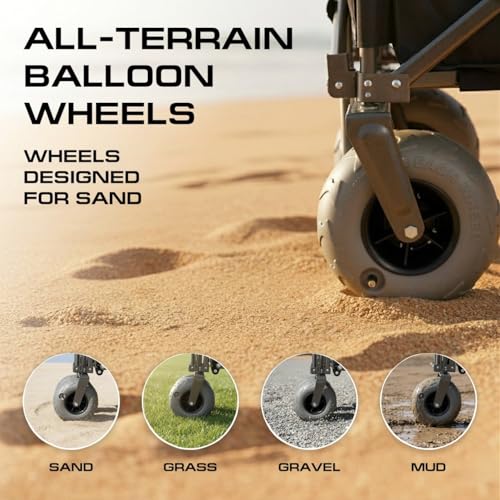 Image of Beach Wagon with Big Wheels for Sand - Heavy Duty Collapsible Folding Utility Wagon Cart 300lbs Capacity with 9 inch All-Terrain Pneumatic Tires & Cup Holders - Portable Garden Camping Outdoor Cart (Blue)