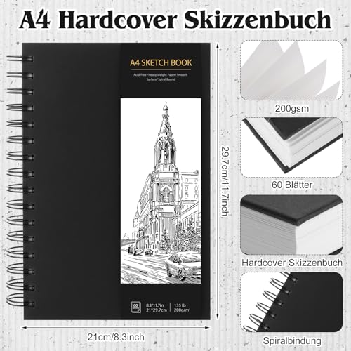 Skizzenbuch A4, Zeichenblock Skizzenpapier Zum Zeichnen Malblock 200g/m² Dickes Papier Spiralbindung für Künstler Kinder Studenten (60 Blatt/120 Seiten)