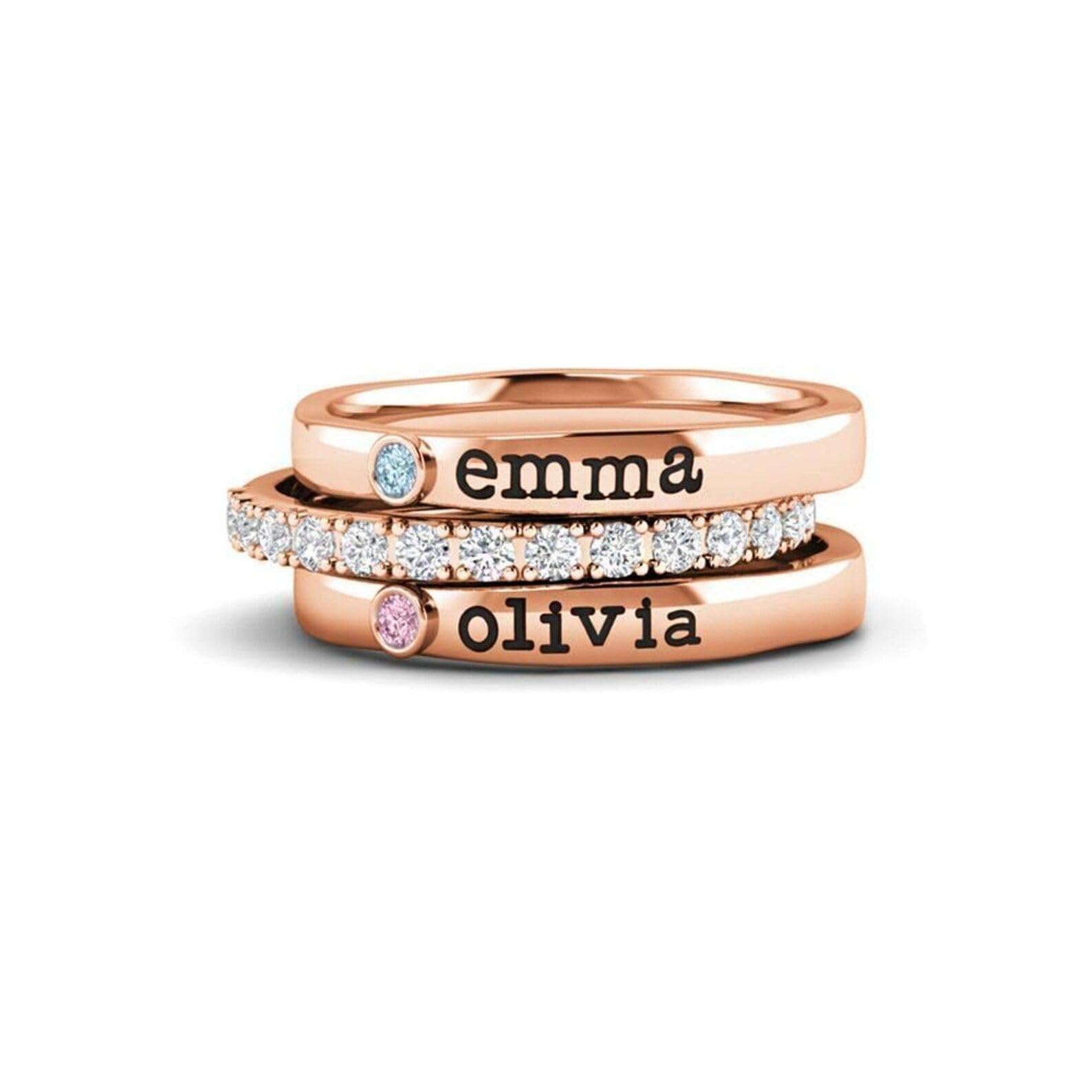 Juego de 3 anillos apilables personalizados con nombres y piedras de nacimiento, regalo familiar para mujer