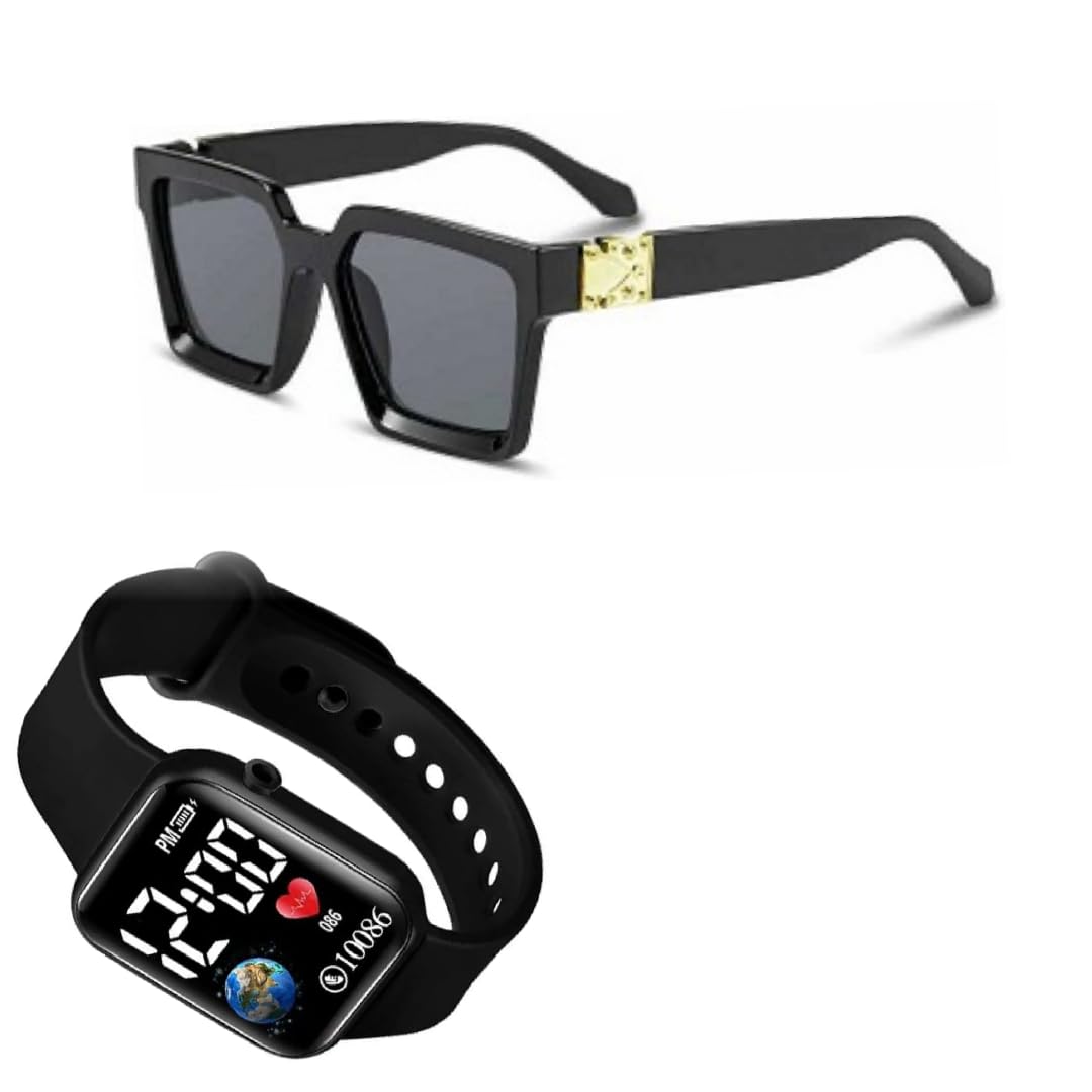 Black Square Frame Men Sunglasses with Gold Accent, UV Protection, Combo with LED Digital Watch-image-30