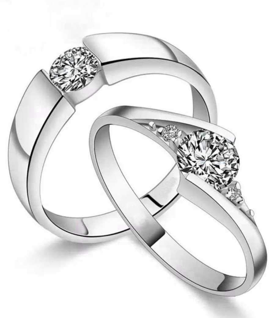 Couple CZ AD Solitaire Rings American diamond Stylish Valentine Gifts Platinum Silver Broken Love Heart Brass Adjustable Finger Ring set Combo for women girls Men Boys girlfriend lovers CFRM171-image-28