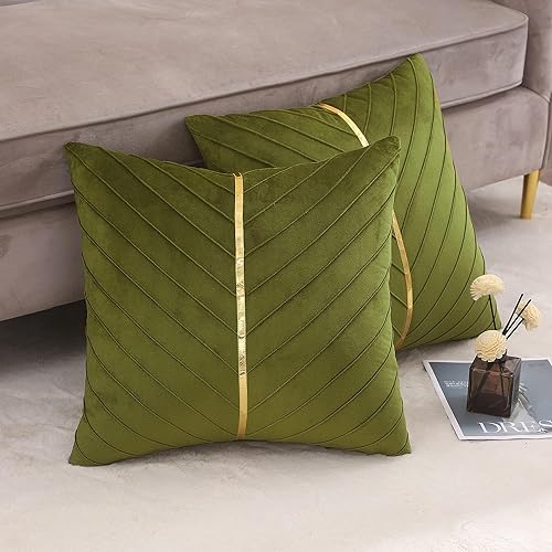 Image of Velvet Throw Pillow Covers 18x18 Pack of 2 Gold Decor Olive Green