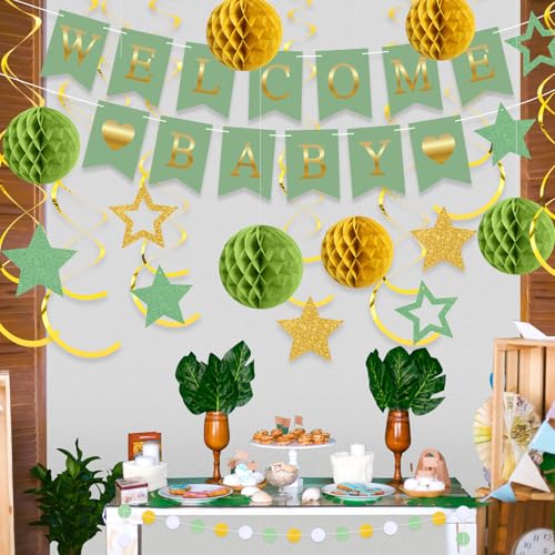 Image of WinnerWhy 25 Pcs Baby Shower Sage Green Decoration, Neutral Green Welcome Baby Banner with Glitter Stars, Hanging Swirls, Honeycomb Balls, Circle Dots Decorations for Gender Neutral Reveal Party Decor