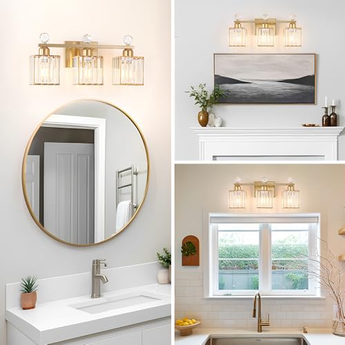 Image of Lxybcce Bathroom Vanity Light Fixture 3-Light - Vanity Lights for Bathroom with Crystal Shade Gold Metal, Easy Install No Drilling Needed, Shadow-Free Illumination for Modern Bathroom Mirror Decor