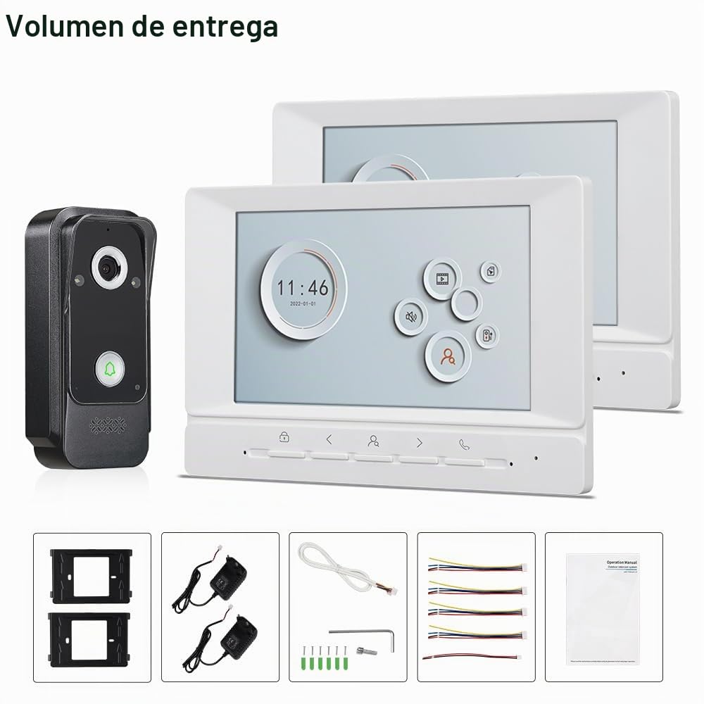 7 Zoll IPS Cable Sistema de Intercomunicación 1080P HD Videoportero, Timbre Vídeo Cámara Visión Nocturna y 2 Monitores Pantalla, Audio Bidireccional y Desbloqueo