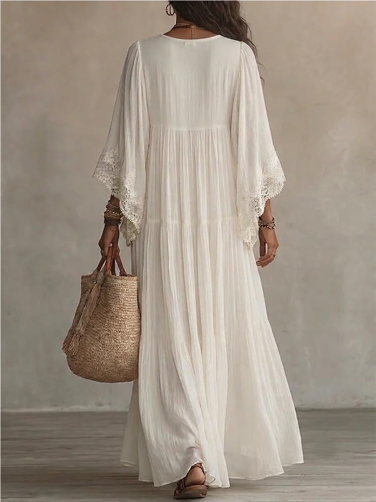 Vestido Maxi Crochet Mujer Escote V Manga Campana Boho | Vestido Largo Estratificado Transpirable Encaje Fluido Para Graduación Invitada Boda Fiestas Verano