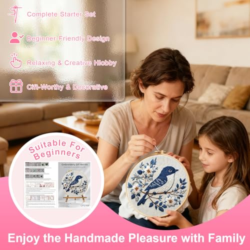 Image of Huacan Embroidery Kit for Beginners Adult, Include Embroidery Cloth Hoops Threads for Craft Lover Hand Stitch with Embroidery Skill Techniques
