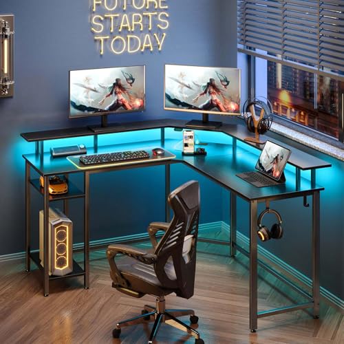 Image of Rolanstar Computer Desk 56 inch with Power Outlets USB Ports & LED Strip,Reversible L Shaped Desk with Monitor Stand & Storage Shelf,L Shaped Gaming Desk with Hooks,Home Office Desk, Black