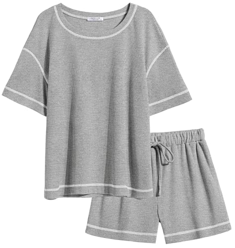 Image of Ekouaer Women's Waffle Knit Two Piece Lounge Set, Soft Matching Outfits for Daily Wear, Casual Shorts Set with Pocket