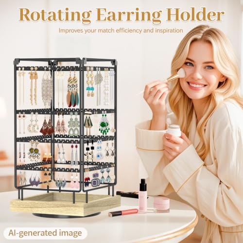 Image of MODOWEY 4 Tier Rotating Earring Holder Organizer Metal Wooden Display Stand Tree for Women, 224 Holes and Grooves Large Storage Rack, Stable Square Tower for Stud Pierced Dangle Hoop, Light Oak