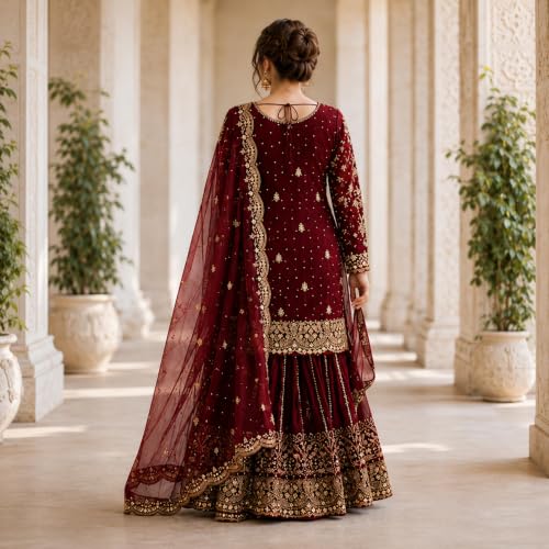Image of Women's Ethnic Plazzo Suit Set with Kurta & Dupatta | Fendy Fabric Embroidered Kurta Set | Round Neck 3 /4 Sleeve Dress | Elegant Outfit