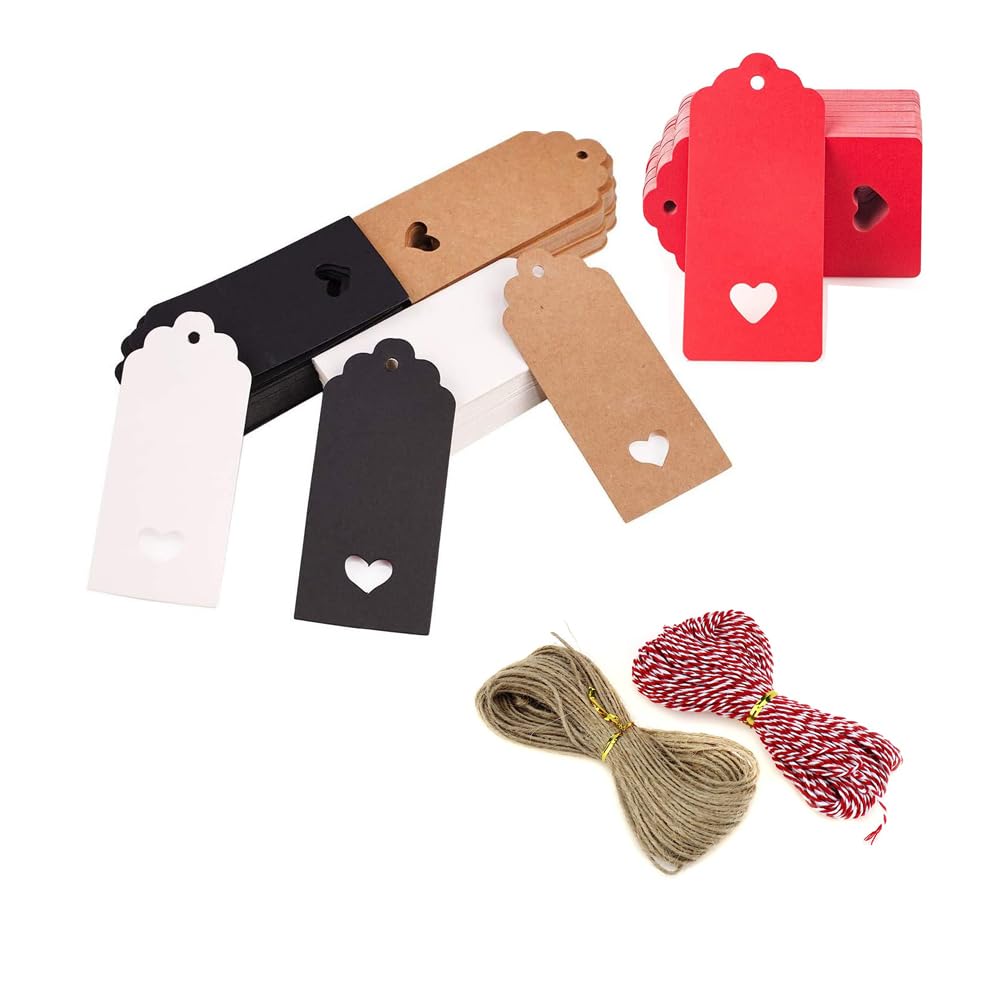 Scukzyde Kraft Paper Tags, 400pcs Blank Kraft Paper Gift Tags 9x4cm Hollow Heart Design with Twine for Birthday Wedding Valentine Party Favor DIY Crafts Price Tags Labels