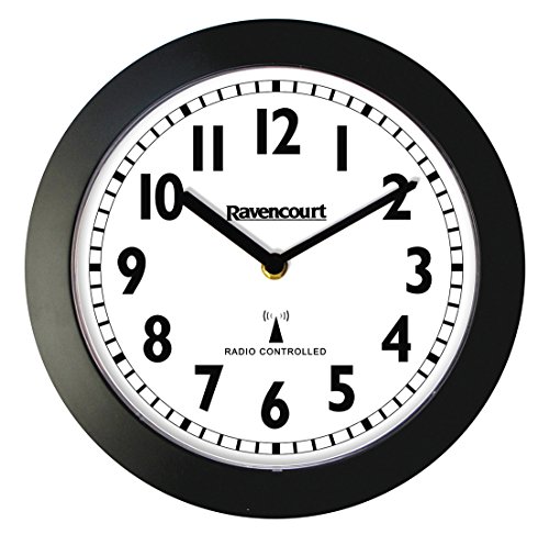Ravencourt Radio Controlled Analogue Clock ¦ For Schools, Hospitals, Offices And Homes ¦ High Contrast Numbers ¦ Battery Powered ¦ Black Rim With White Face ¦ Large - 46cm face