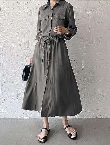 Image of Women Roll-Up Long Sleeve Button Down Shirt Midi Dress