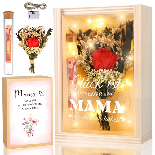 TUZELIYA Mama Geschenkbox LED Lichterkette Reagenzglas Geburtstagsgeschenk für Mütter Geldgeschenk Holzbox mit Gravur Glück ist elne Mama wo dich zu haber Dankeschön Geschenk Muttertag