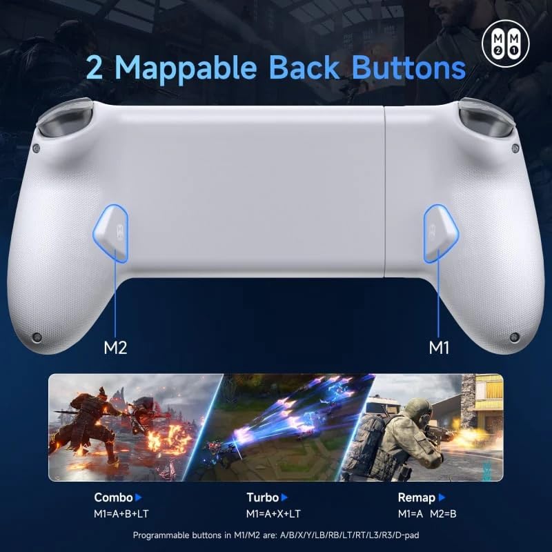 Rear view of the controller highlighting the M1 and M2 mappable back buttons, with examples of combo, turbo, and remap functions.