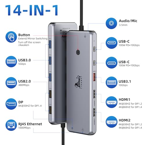 undefined 13 in 1 USB C Docking Station - Dual Monitor, Triple Display, 8 USB C/A Ports, Ethernet, Audio - LIONWEI USB C Hub for MacBook,Dell,HP,Lenovo,Surface の商品画像 1