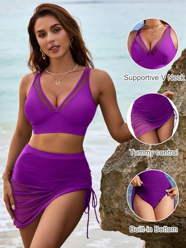 Image of Blooming Jelly Womens Swim Skirt High Waisted Bikini Sets Tummy Control Swimsuits Mesh Sarong Wraps Bathing Suits