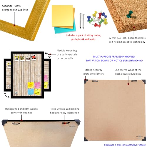 Image of ArtzFolio Wavey | Bulletin Board Notice Pin Board | Vision Soft Board Combo with Thumb Push Pins & Sticky Notes | Golden Frame | 30 x 15 inch (76 x 38 cms)