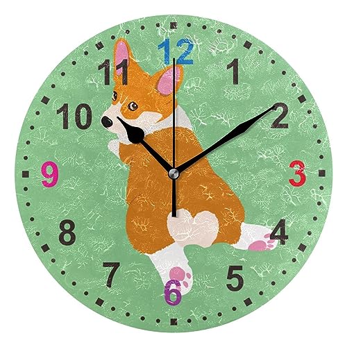 MiaoLD 掛け時計 置き時計 サイレント 連続秒針 コーギー いぬ グリーン 緑 アニマル 壁掛け時計 壁掛け 時計 おしゃれ 静音 壁かけ時計 見やすい インテリア 部屋飾り オフィス 円型 25CM