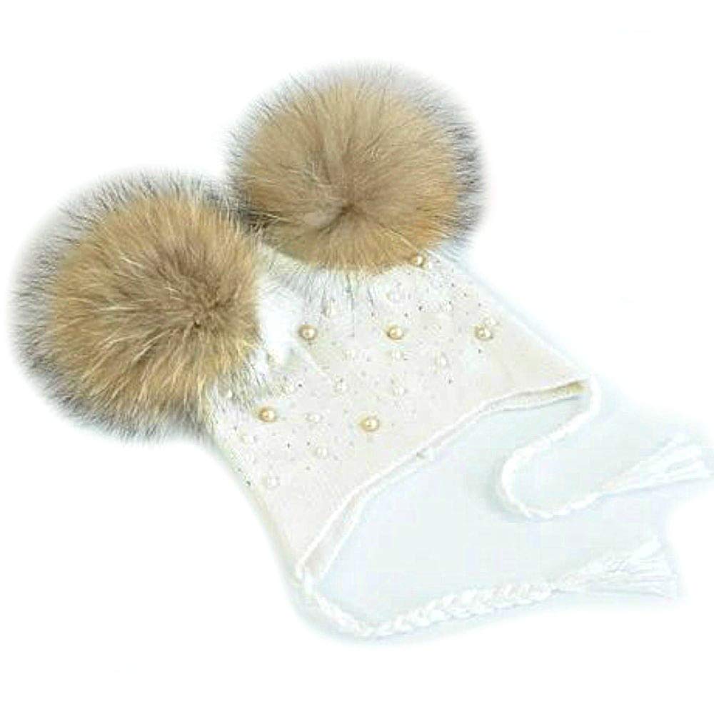 Gorro Orejas de Cachemira para Niña con Dos Pompones de Piel Auténtica, Perlas y Pedrería, Trenzas de 1 a 4/5 Años, para Recién Nacido