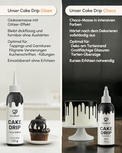 GoodBake Cake Drip Glaze 130g Schwarz | Kuchenglasur auf Glukosebasis | Vegan & Laktosefrei | Zuckerschrift für Kuchen, Kekse & Cup Cakes | Torten Deko
