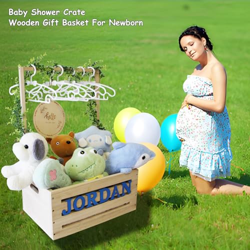 Image of Baby Shower Crate Closet Wooden Gift Basket for Girls Nursery Boy Welcome Box Storage Hamper with Handle Garland Clothes Racks 52 Letters Newborn Name Tag Color DIY, Large