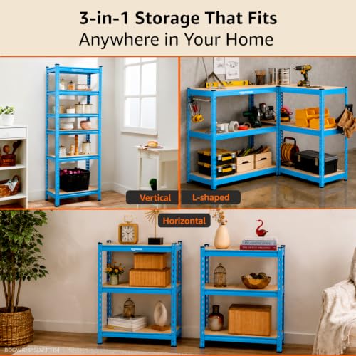 Image of Amazon Basics 6-Tier Storage Rack | Bolt-Free Assembly | Metal Stand & Thick MDF Board | 175kg Capacity Per Shelf | 72H x 24W x 12D inch Adjustable Shelf Rack for Home, Garage & Shop | Blue