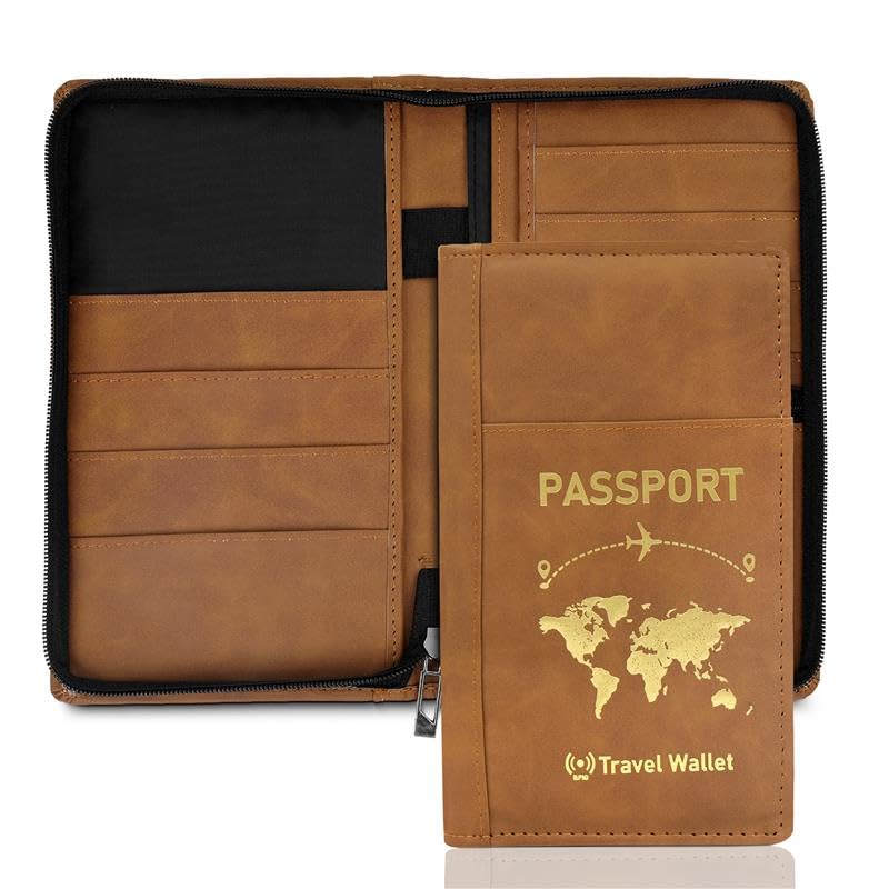 Image of Storite RFID Blocking PU Leather Passport Holder, 23x14x3 Cm Brown | Cover Case, Travel Wallet, Document Organiser, Removable Hand Strap, For Men & Women