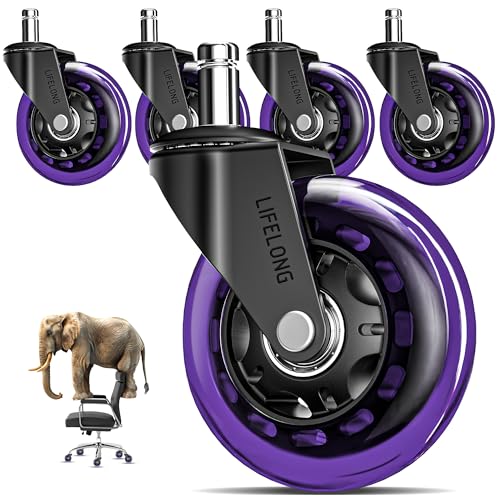 Image of Lifelong Office Chair Wheels Replacement, Heavy Duty, Purple, 5-Pack | Original Rubber Caster, Desk Wheels, Smooth & Quiet, Safe for Hardwood Floors & Carpet, Replace Office Chair Mats, Fits 98%