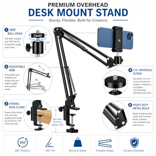 Image of Overhead Tripod Mount Hinged Arm with Mobile Phone Holder, Adjustable Suspension Scissor Desk Clamp Stand for Video Recording, Live Streaming, Webcam, Ring Light (Big Mount Hinged Arm)
