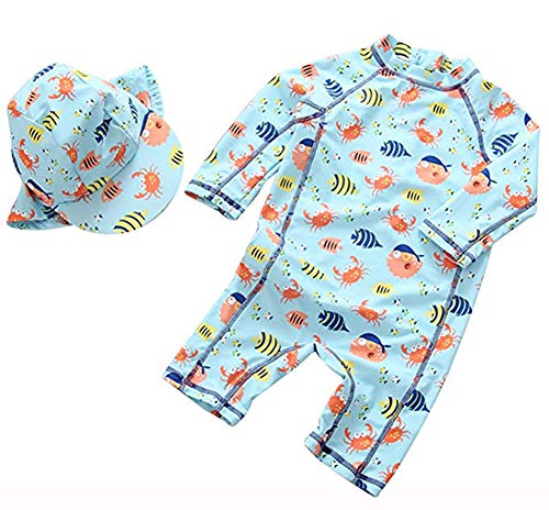 Baby Toddler Boys Girls One Piece Swimsuit Set Swimwear Shark Bathing Suit Rash Guards Sunsuit with Hat UPF 50+ (24-36 Months, Pufferfish and Crab)