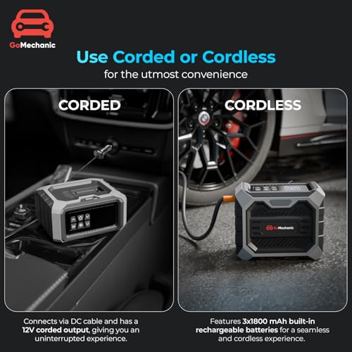 Image of GoMechanic Tyre Inflator for Car and Bike | Works with Both DC Port & Battery Operation | 150 PSI | 3 x 1800mAh Batteries | Rechargeable 12V DC | Multi-Nozzle Function | Digital Display & LED Light