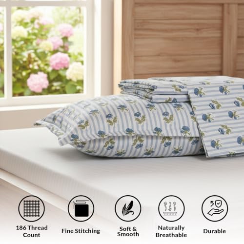 Image of HOMEMONDE Single Size Bedsheet | Cotton Flat Sheet with One Pillow Cover | 186 TC |Floral Design| All-Season Soft Bedsheet for Single Bed (60 x 90 Inch /152 x 229 cm, Blue)