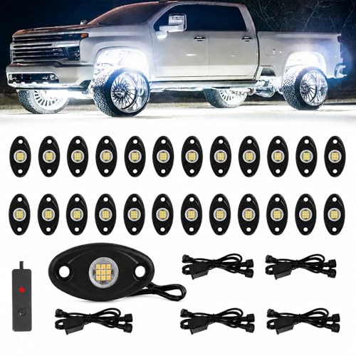 Image of 24pods White Rock Lights kit Dc 12v-80v 6000k Aluminum Pure White Led Rock Lights with Switch Wiring Harness Kit Ip68 Waterproof for Trucks Pickup Offroad Car SUV Utv ATV Rv Fends Underglow Lights
