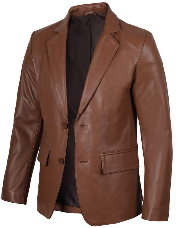 Image of Blingsoul Mens Leather Blazer - Casual Leather Sport Coat with Notch Lapel, Real Lambskin Leather Jacket for Men