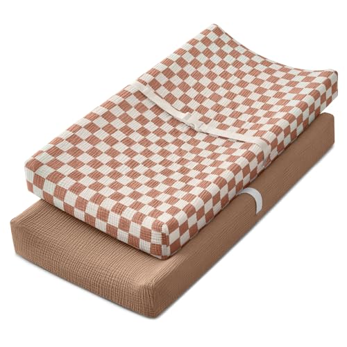 Image of Blissful Diary Muslin Changing Pad Cover for Baby Girls Boys, Ultra Soft Breathable Cotton, Baby Diaper Change Table Pad Covers, 2Pack (Checkered Brown & Brown)