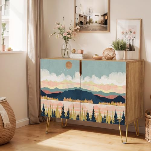 SIGNWIN Sideboard Buffet Cabinet, Kitchen Storage Cabinet with 2 Doors, Pastel Colorful Mountain Forest, Cupboard Console Table for Dining Room - 35' L x 18' W x 29' H
